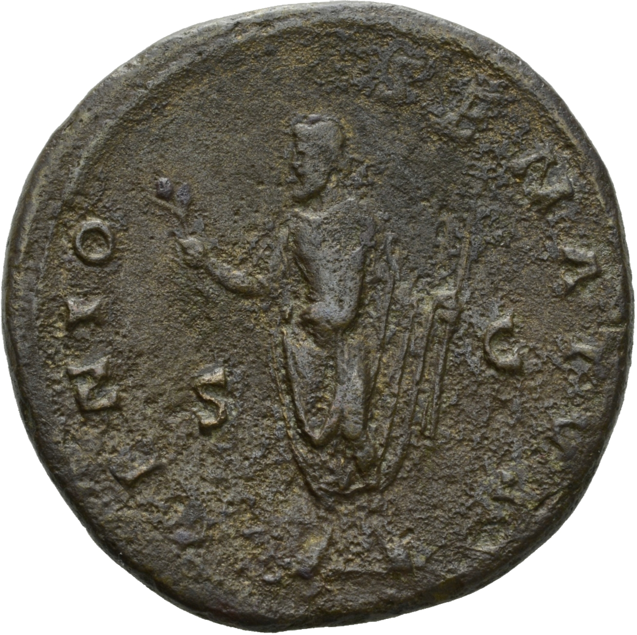 RIC III Antoninus Pius 660A Antoninus Pius reverse, Genius of the Senate, togate, standing, left, holding up branch in rig...