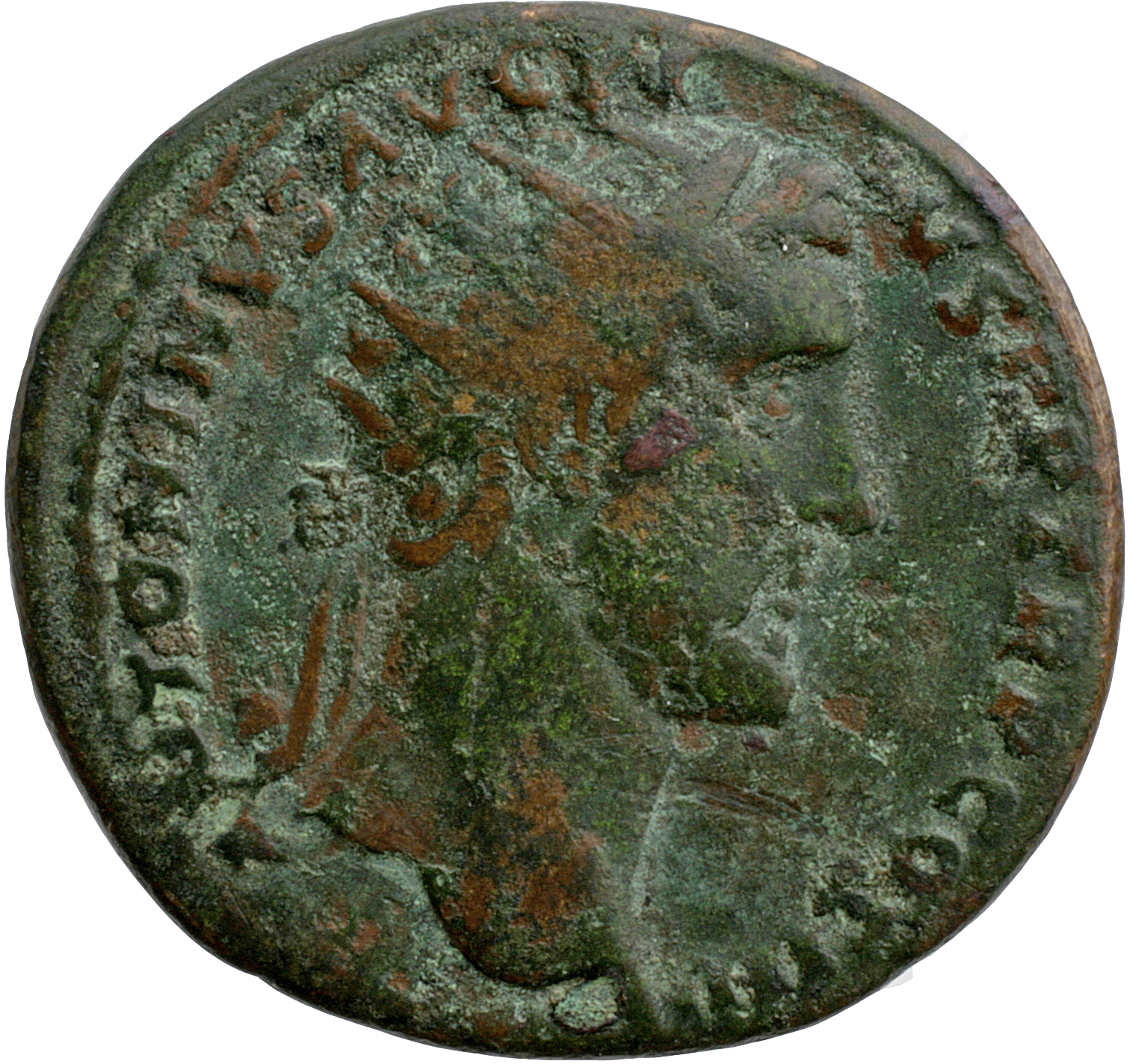 Antoninus Pius obverse — Head of Antoninus Pius, radiate, right