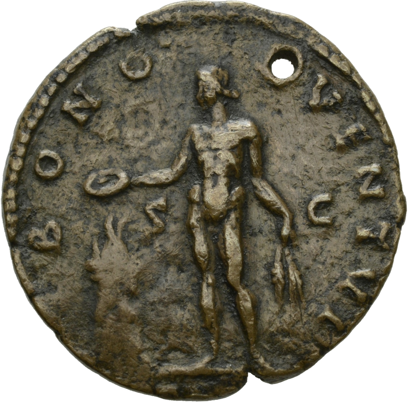 Antoninus Pius reverse — Bonus Eventus standing, front sacrificing out of patera in right hand over altar and holding two grain stalks in left