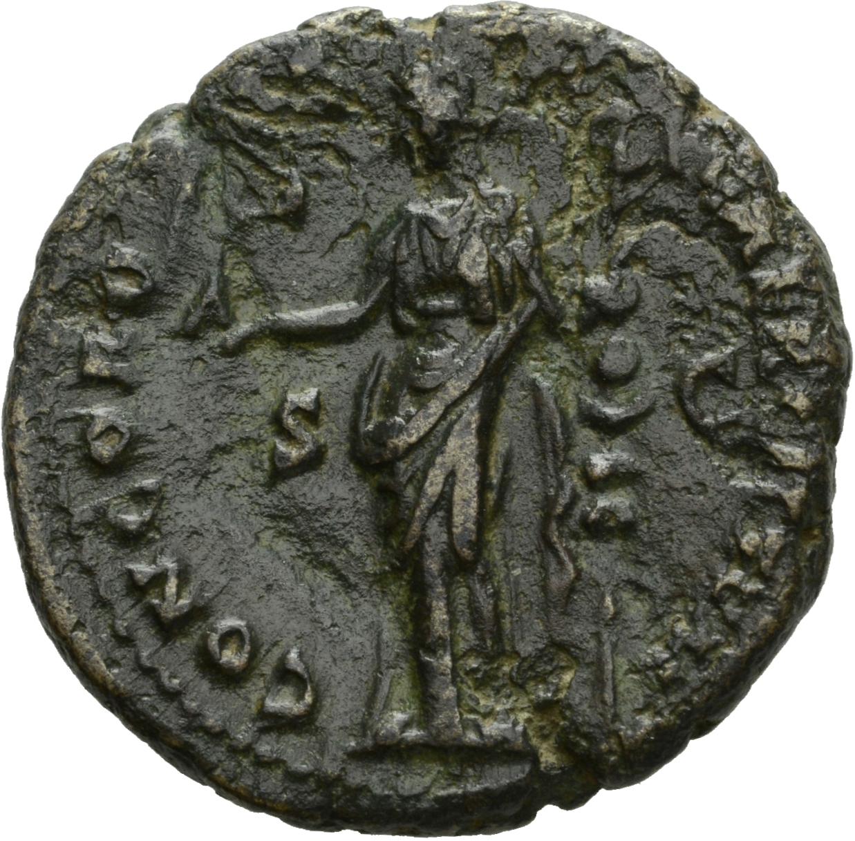 RIC III Antoninus Pius 678 Antoninus Pius reverse, Concordia, draped, standing left, holding Victory on extended right han...