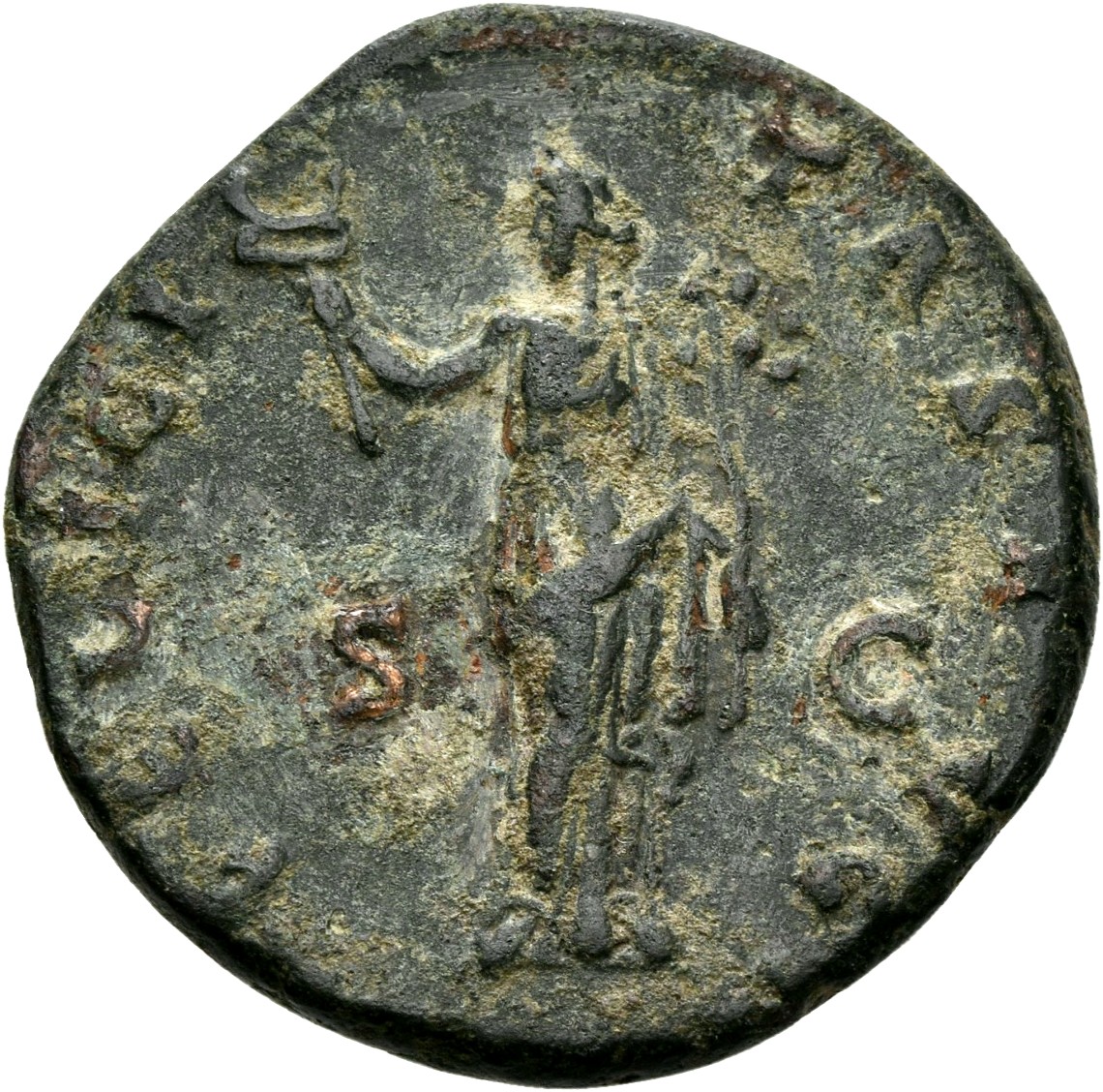 RIC III Antoninus Pius 679 Antoninus Pius reverse, Felicitas, draped, standing front, head left, holding up caduceus in ri...