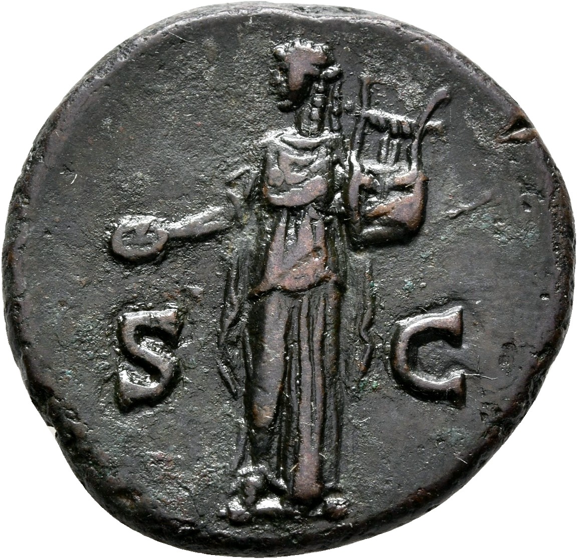 RIC III Antoninus Pius 685 Antoninus Pius reverse, Apollo, standing left, holding patera in right hand and lyre in left