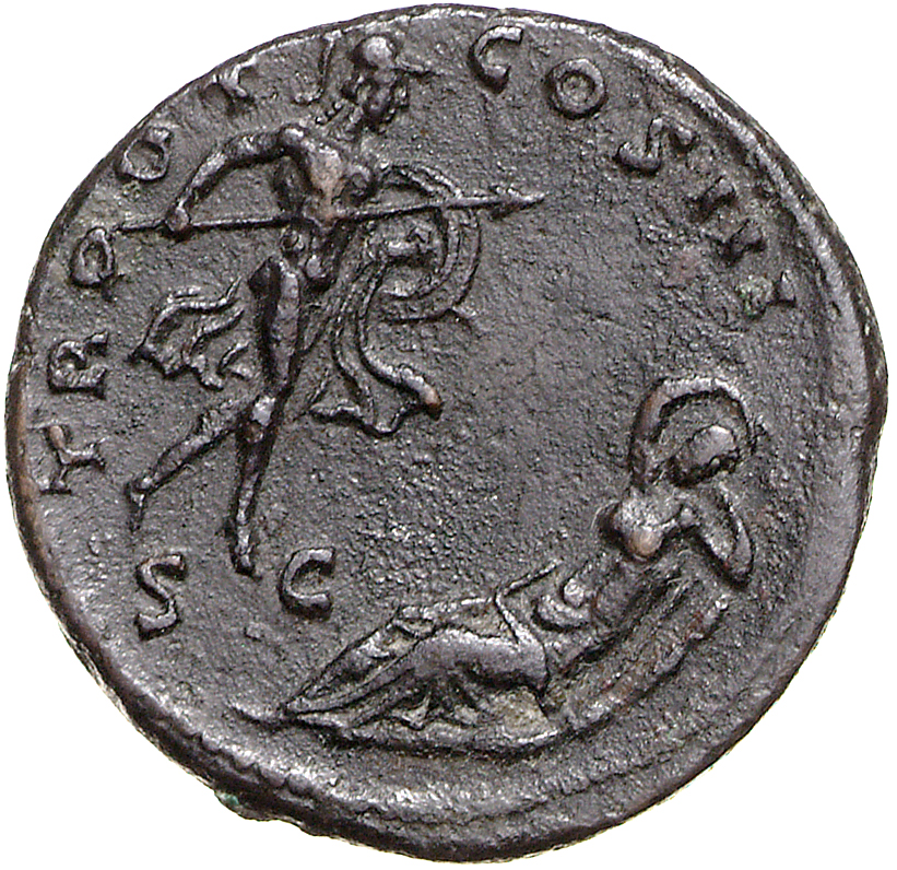RIC III Antoninus Pius 694B Antoninus Pius reverse, Mars, helmeted, naked but for cloak on right arm, holding spear in rig...