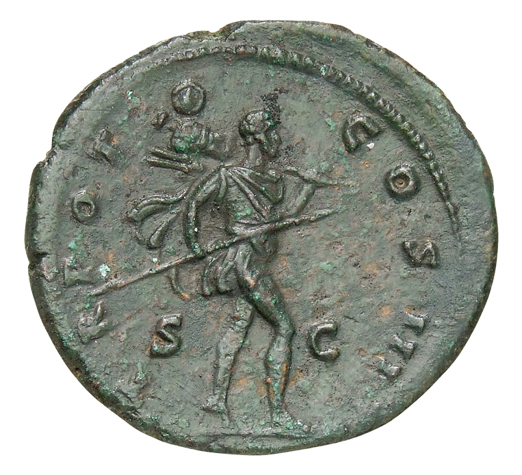 RIC III Antoninus Pius 698 Antoninus Pius reverse, Romulus, bare-headed, in military dress, advancing right, holding trans...