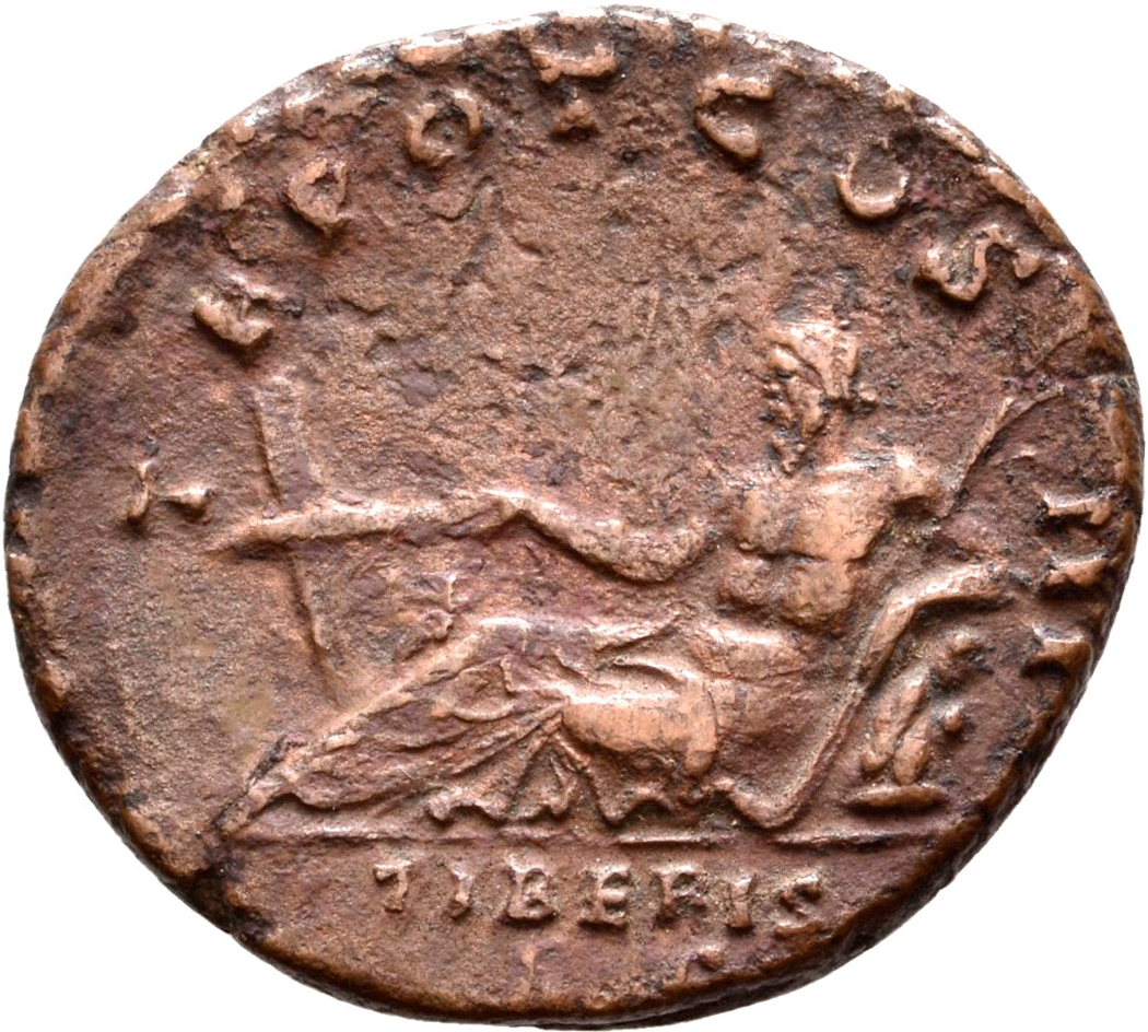 RIC III Antoninus Pius 706A Antoninus Pius reverse, Tiber, reclining left, resting left elbow on rock, placing right hand ...