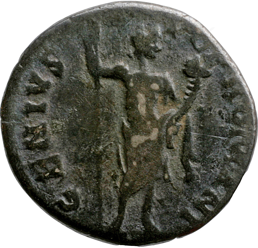Antoninus Pius reverse — Genius of the Roman people, naked to waist, standing front, head right, holding vertical sceptre in right hand and cornucopiae in left