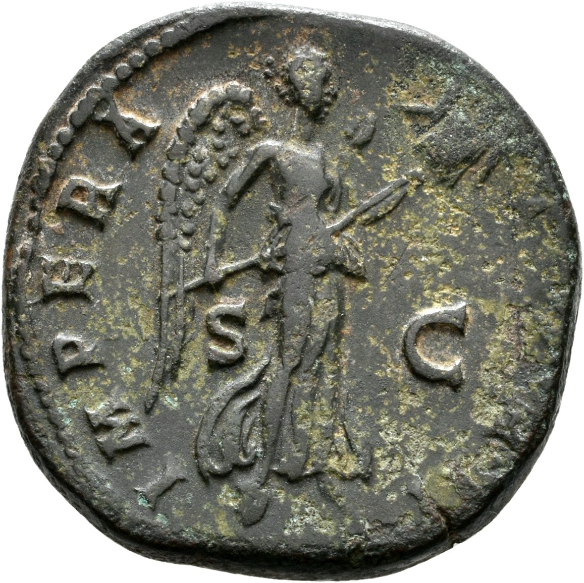 RIC III Antoninus Pius 717A Antoninus Pius reverse, Victory, winged, draped, flying right, holding trophy, pointing upward...