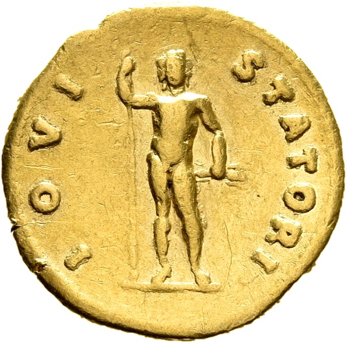 RIC III Antoninus Pius 72C Antoninus Pius reverse, Jupiter, naked, standing front, holding sceptre in right hand and thund...
