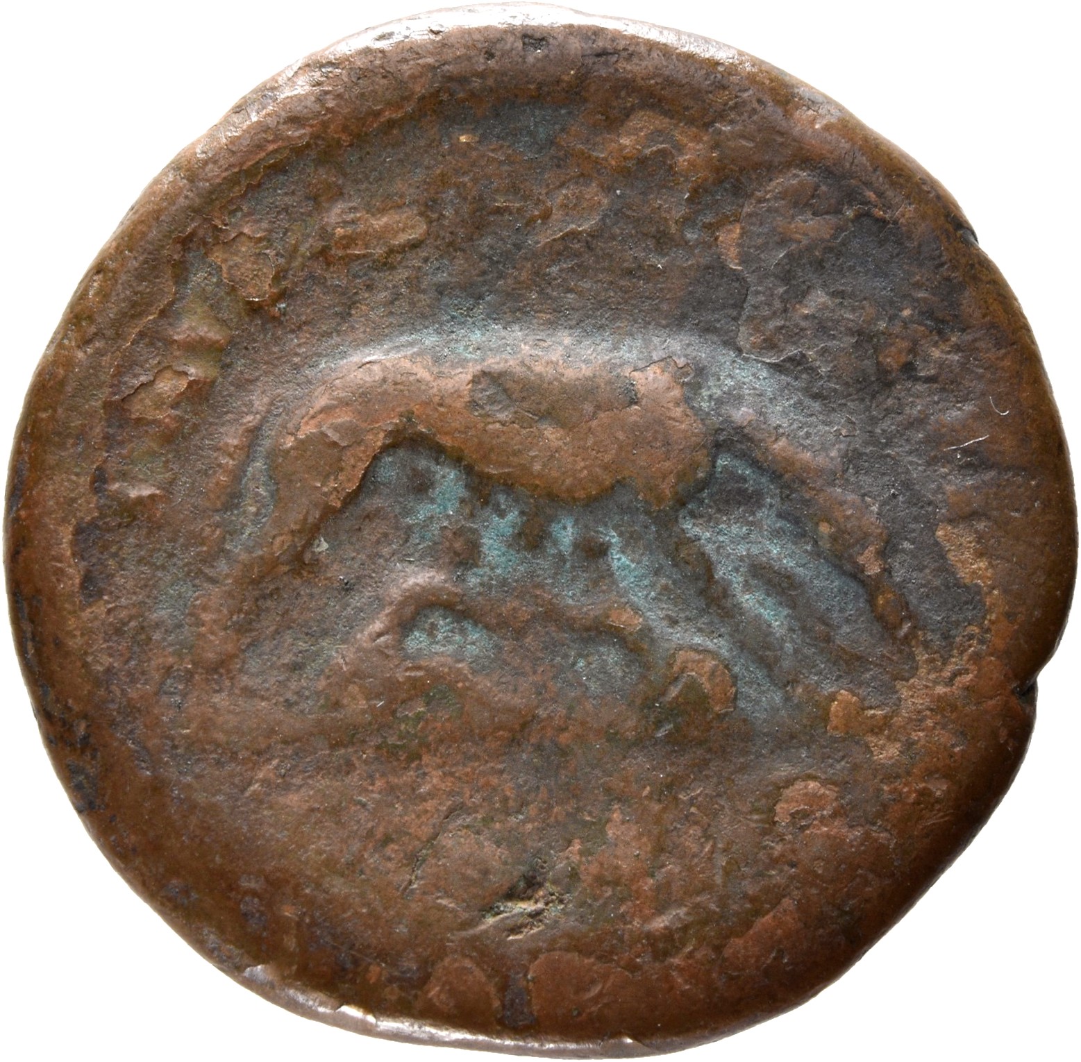 Antoninus Pius reverse — She-wolf, suckling twins, standing, right, (with head sometimes turned back to left); below, boat