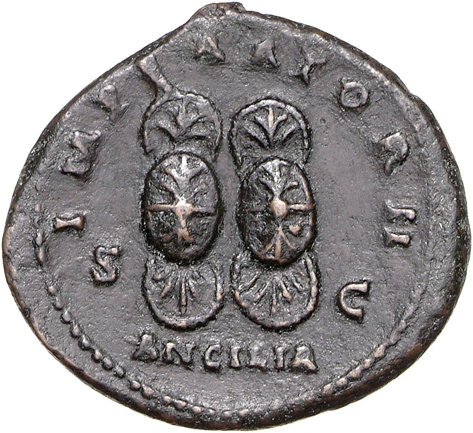 RIC III Antoninus Pius 736A Antoninus Pius reverse, Two ancilia-- oval shields with rounded projections like shells above ...