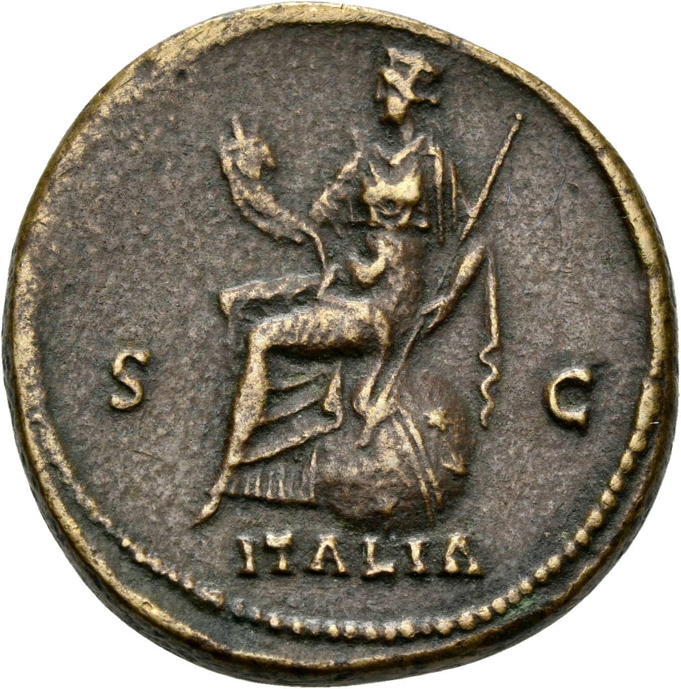RIC III Antoninus Pius 746A Antoninus Pius reverse, Italia, towered, draped, seated, left on globe, with zones and stars, ...