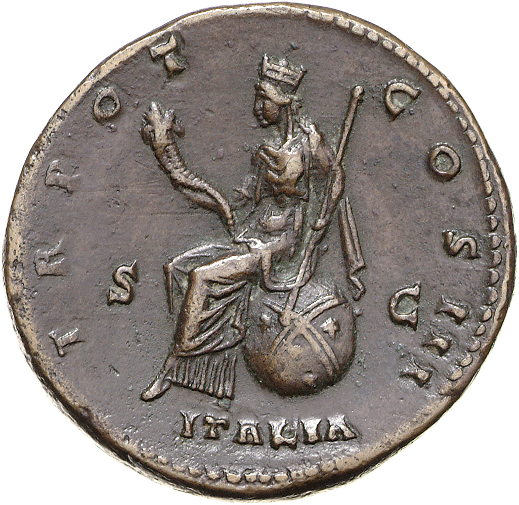 RIC III Antoninus Pius 747B Antoninus Pius reverse, Italia, towered, draped, seated, left on globe, with zones and stars, ...