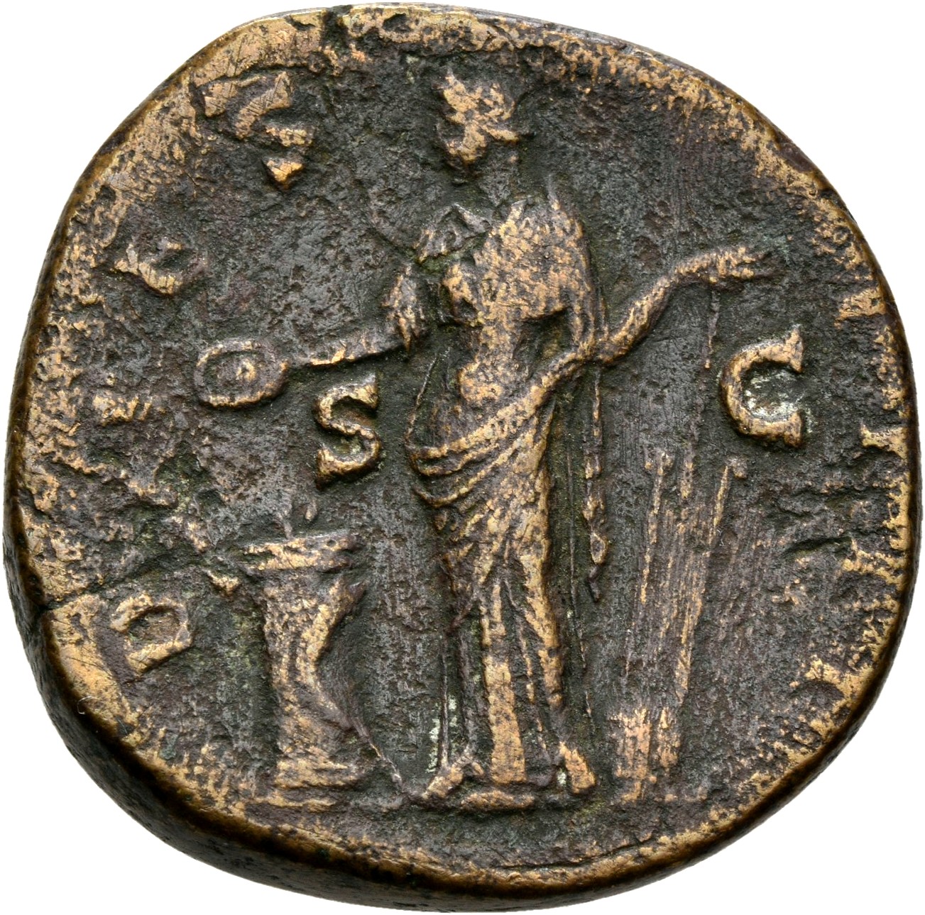 RIC III Antoninus Pius 749 Antoninus Pius reverse, Salus, draped, standing left, feeding out of patera in right hand snake...