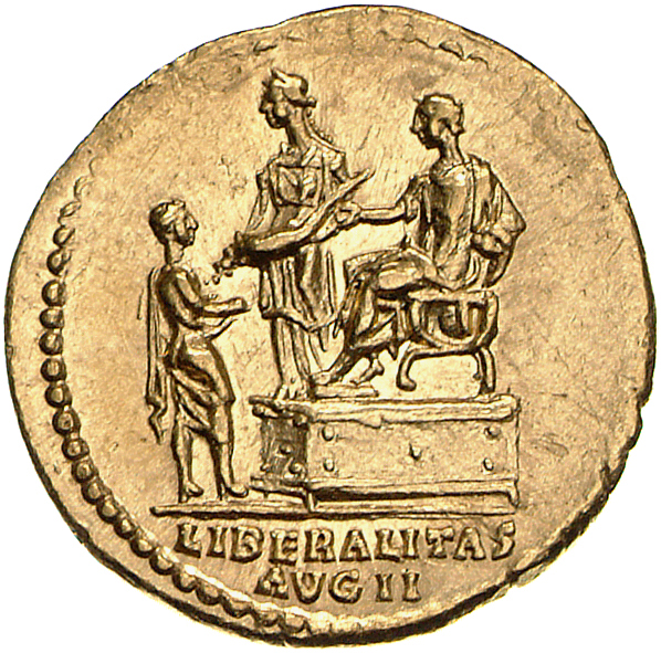 Antoninus Pius reverse — Antoninus Pius, togate, seated left on chair set on low platform on right, by him, Liberalitas, standing left, emptying coins out of cornucopiae into fold of toga of citizen, standing left on ground