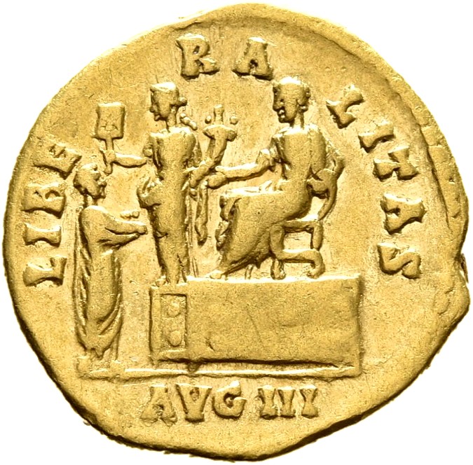 RIC III Antoninus Pius 75c (aureus) Antoninus Pius reverse, Antoninus Pius, togate, seated left on chair set on low platfo...