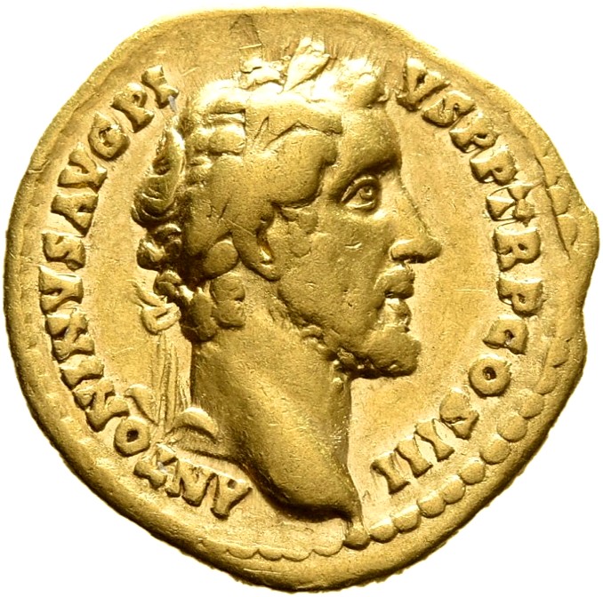 RIC III Antoninus Pius 75c (aureus) Antoninus Pius obverse, Head of Antoninus Pius, laureate, right