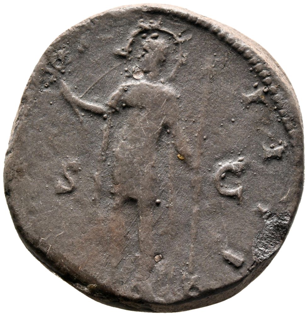 RIC III Antoninus Pius 765 Antoninus Pius reverse, Antoninus with radiate nimbus round head, wearing military dress and cl...