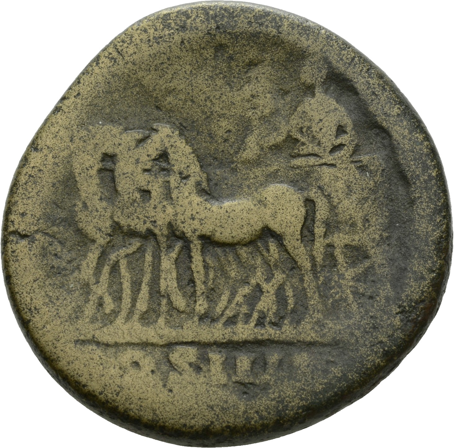 RIC III Antoninus Pius 767A Antoninus Pius reverse, Antoninus Pius, draped, standing in quadriga pacing left, extending ri...