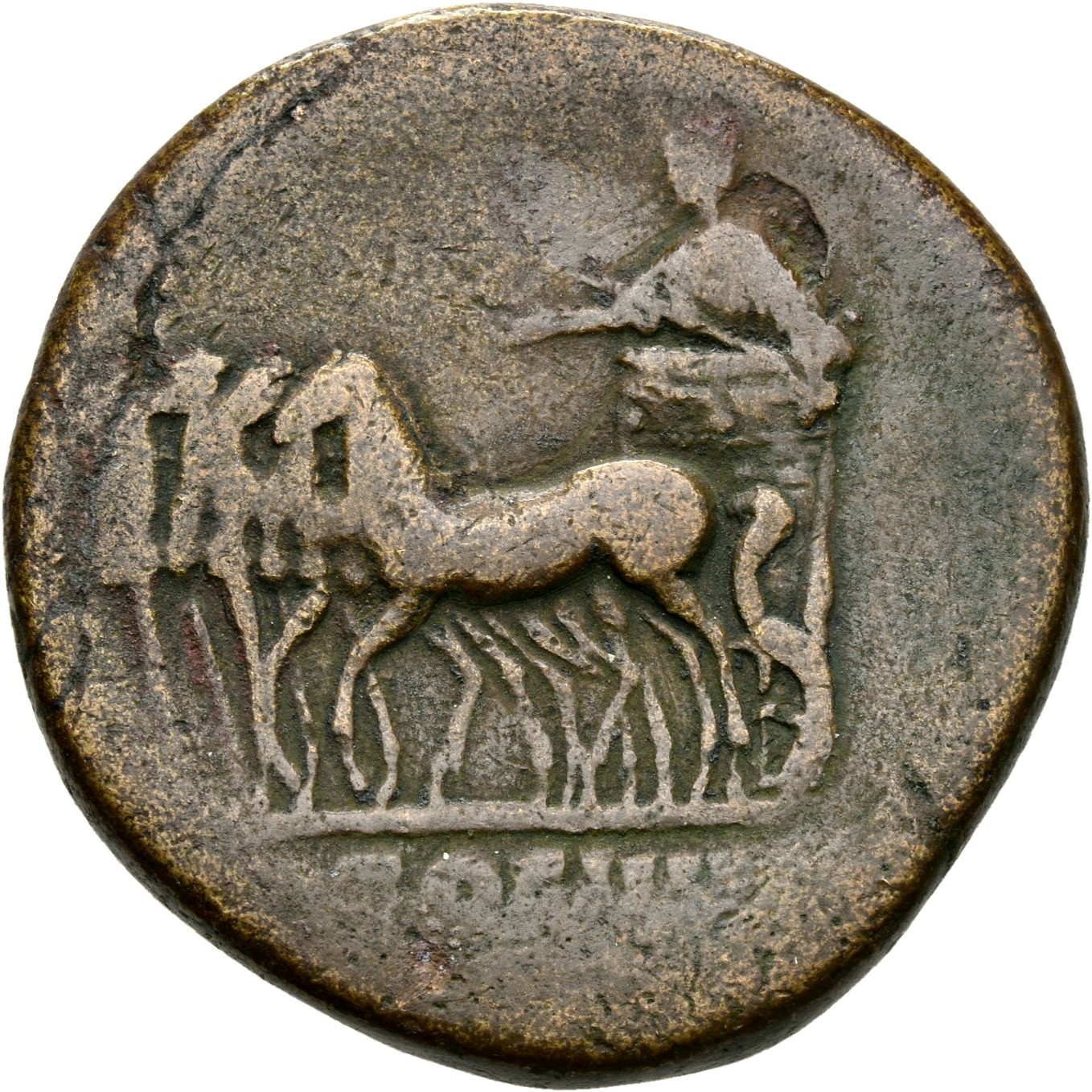 RIC III Antoninus Pius 767A Antoninus Pius reverse, Antoninus Pius, draped, standing in quadriga pacing left, extending ri...