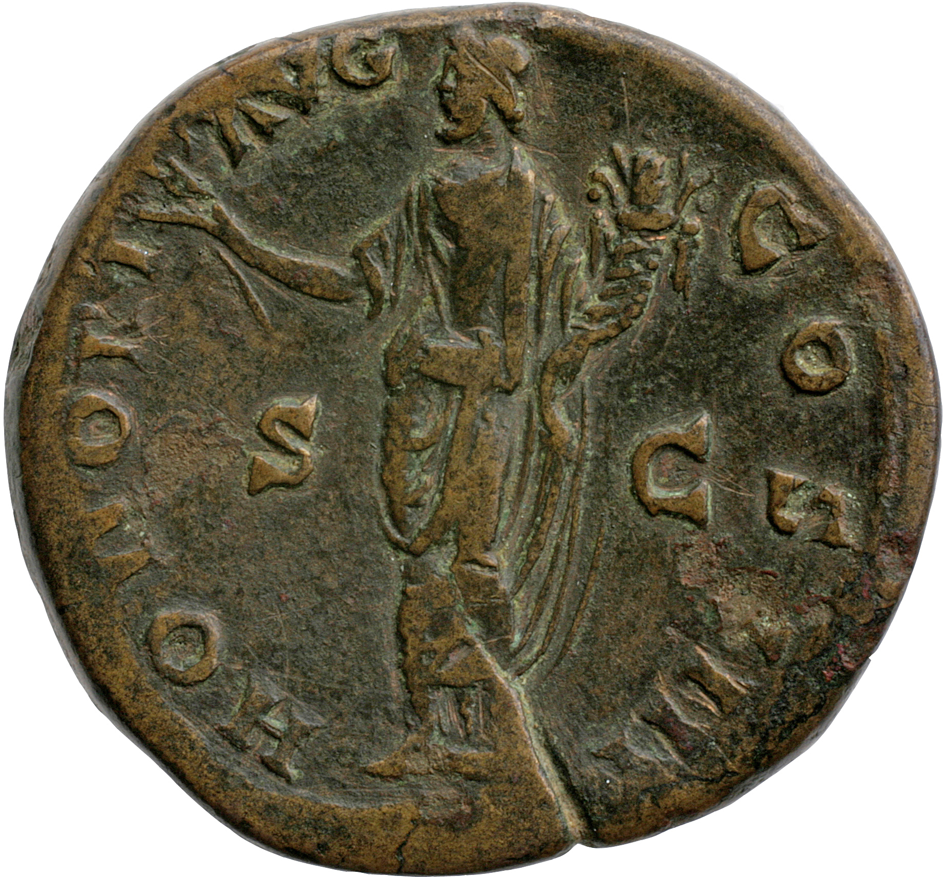 RIC III Antoninus Pius 772 Antoninus Pius reverse, Honos, draped, standing front, head left, holding branch in extended ri...