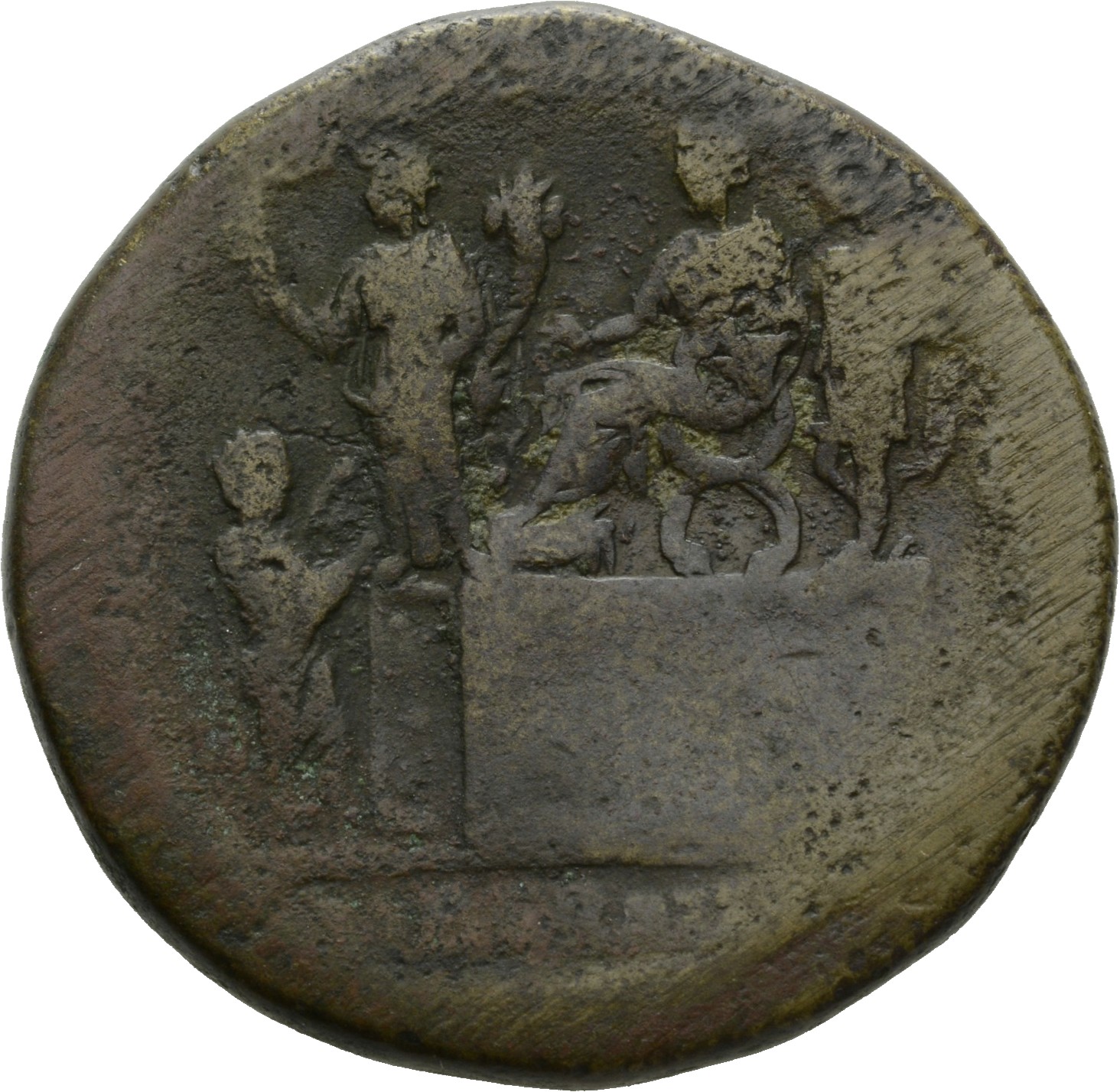 RIC III Antoninus Pius 774 Antoninus Pius reverse, Antoninus Pius, seated left on platform on right; behind him, officer, ...