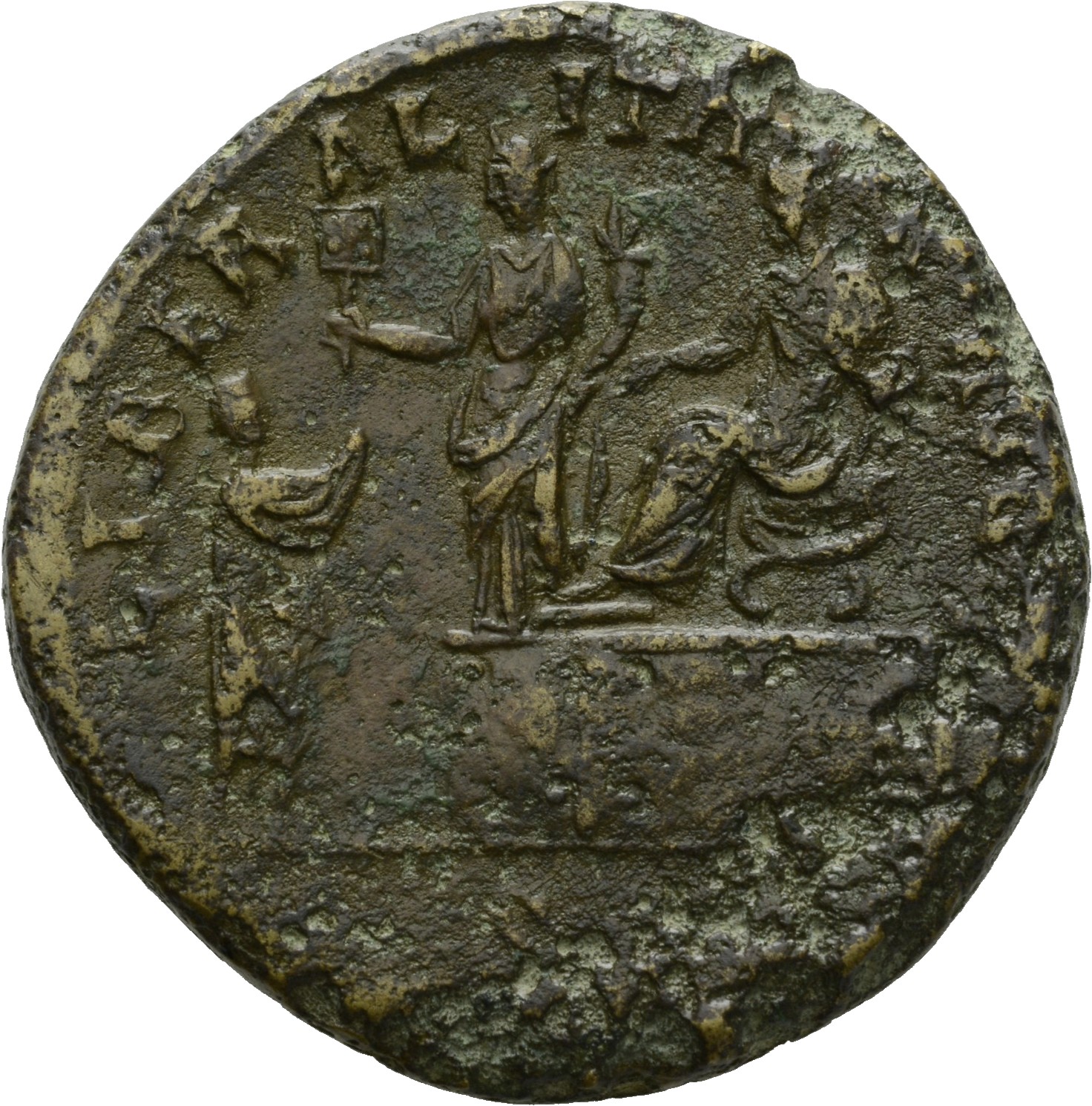 RIC III Antoninus Pius 775 Antoninus Pius reverse, Antoninus Pius, seated left on platform on right; in front Liberalitias...