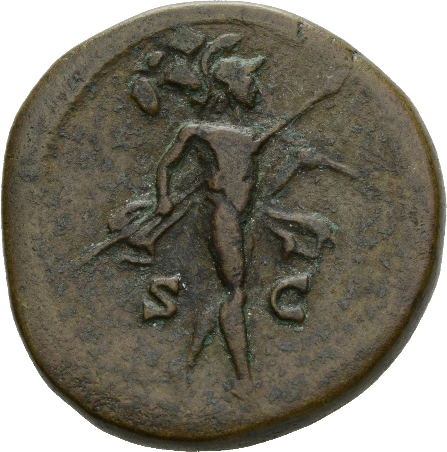 RIC III Antoninus Pius 778 Antoninus Pius reverse, Mars, draped, naked but for cloak hanging behind him, advancing right, ...