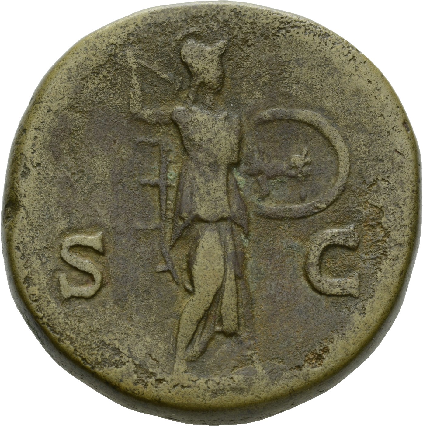 RIC III Antoninus Pius 779 Antoninus Pius reverse, Minerva, advancing right, brandishing javelin and holding shield