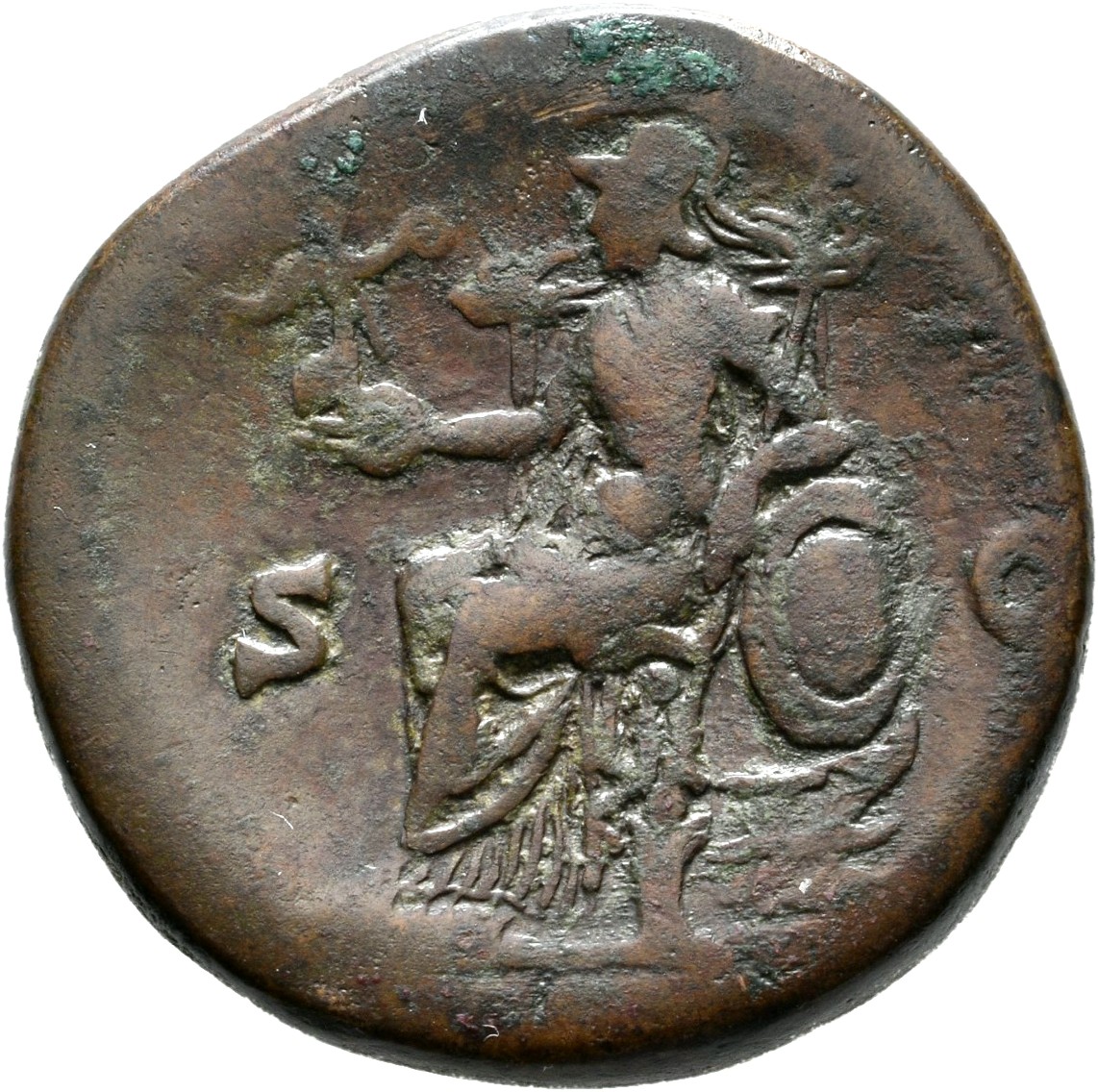 RIC III Antoninus Pius 780 Antoninus Pius reverse, Roma, helmeted, draped, seated, left on throne, holding Victory on exte...
