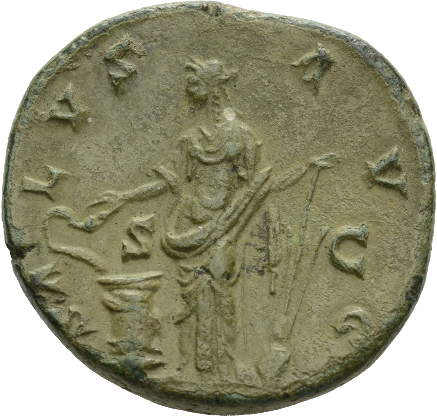 RIC III Antoninus Pius 784 Antoninus Pius reverse, Salus, draped, standing left, feeding out of patera in right hand snake...