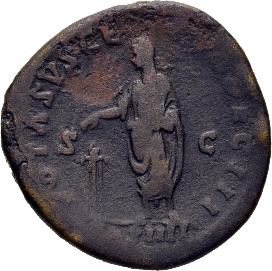 RIC III Antoninus Pius 794 Antoninus Pius reverse, Antoninus Pius, veiled, draped, standing, left, sacrificing out of pate...