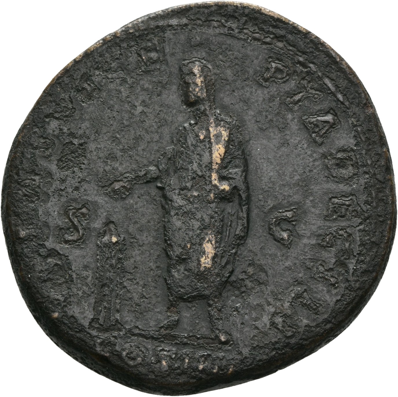 RIC III Antoninus Pius 794 Antoninus Pius reverse, Antoninus Pius, veiled, draped, standing, left, sacrificing out of pate...