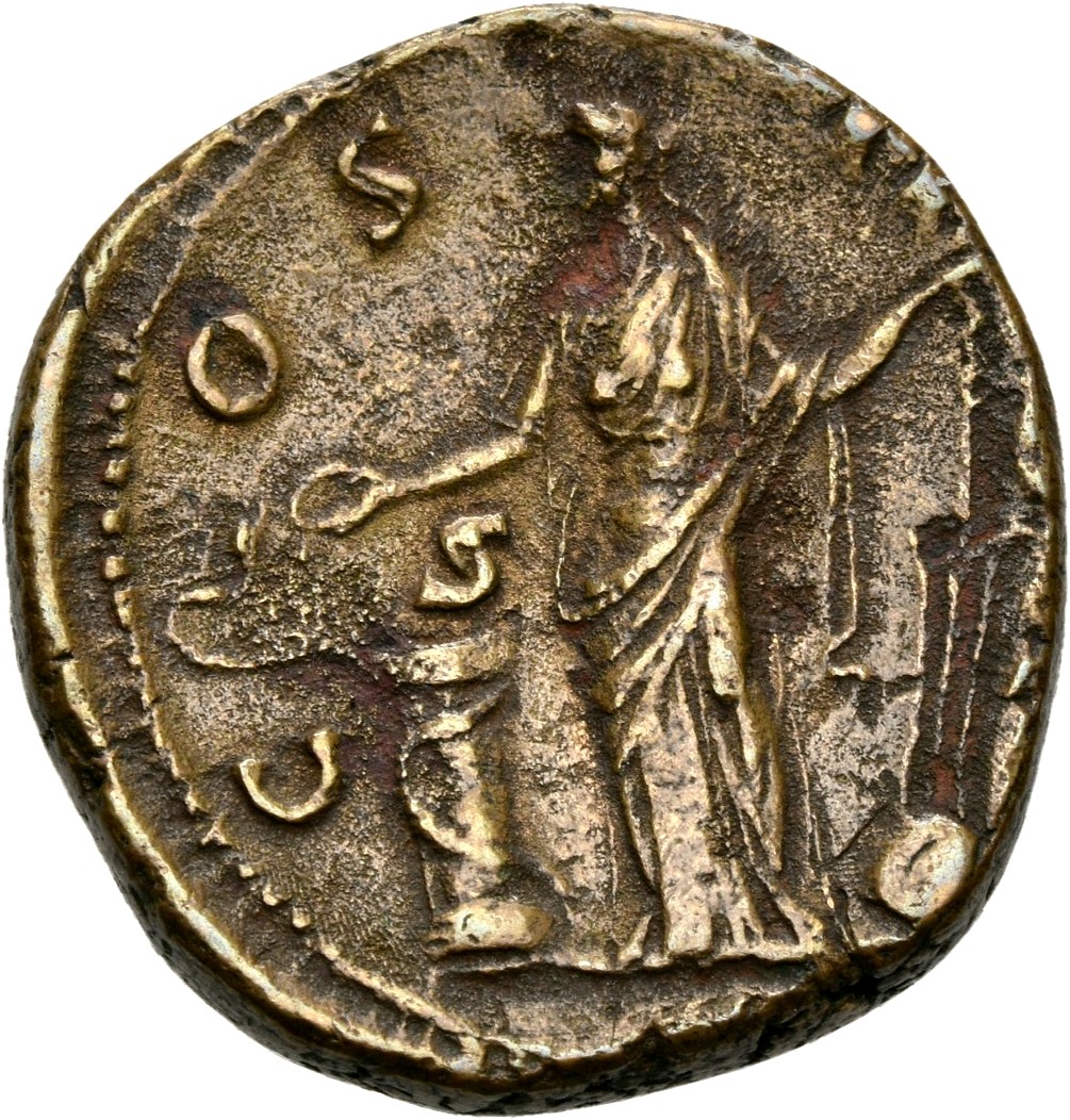 RIC III Antoninus Pius 798 Antoninus Pius reverse, Salus, standing left, feeding snake coiled round altar and holding rudd...