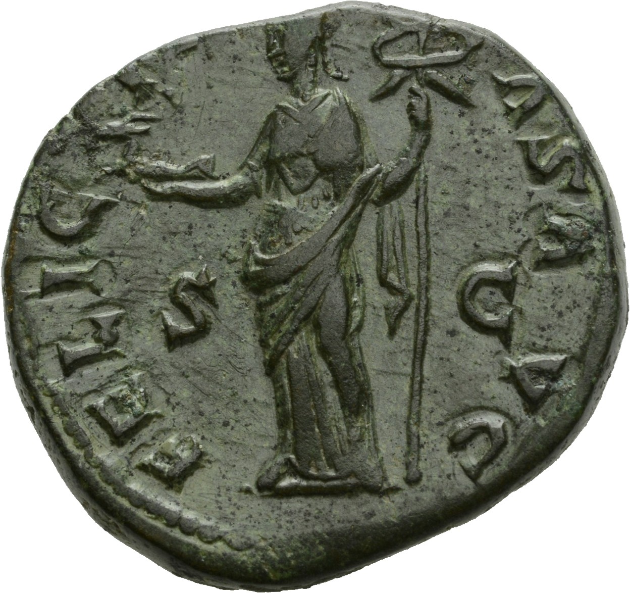 RIC III Antoninus Pius 800 Antoninus Pius reverse, Felicitas, draped, standing left, holding capricorn on extended right h...