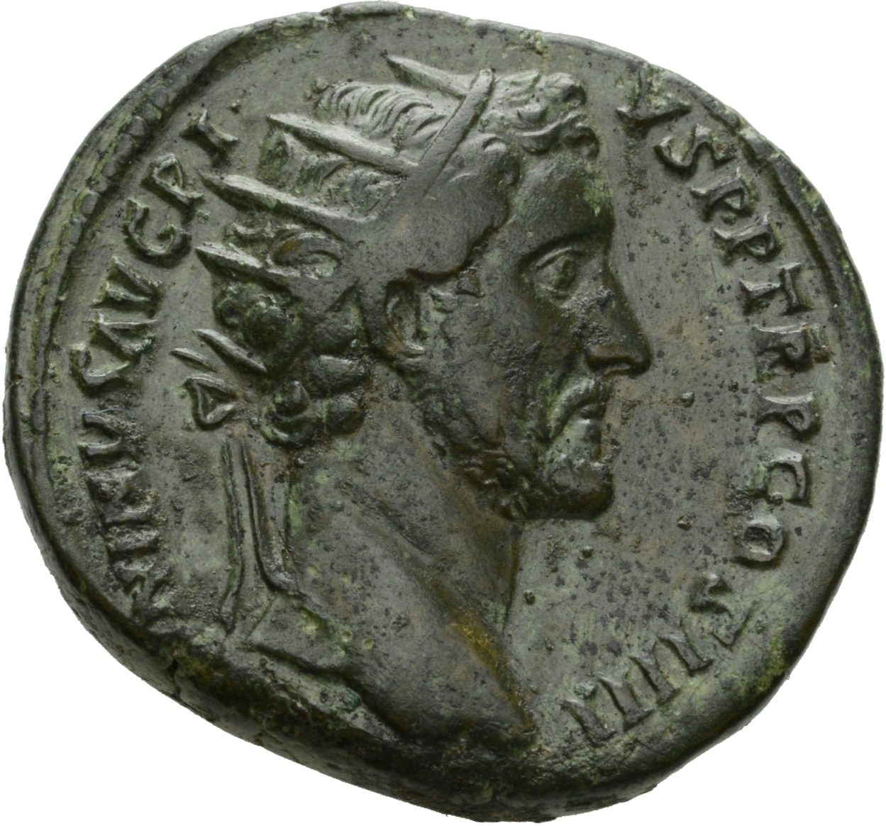RIC III Antoninus Pius 800 Antoninus Pius obverse, Head of Antoninus Pius, radiate, right