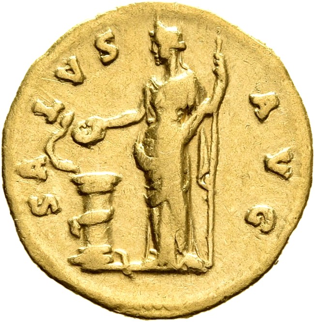 RIC III Antoninus Pius 81A Antoninus Pius reverse, Salus, standing left, feeding out of patera snake coiled around altar a...