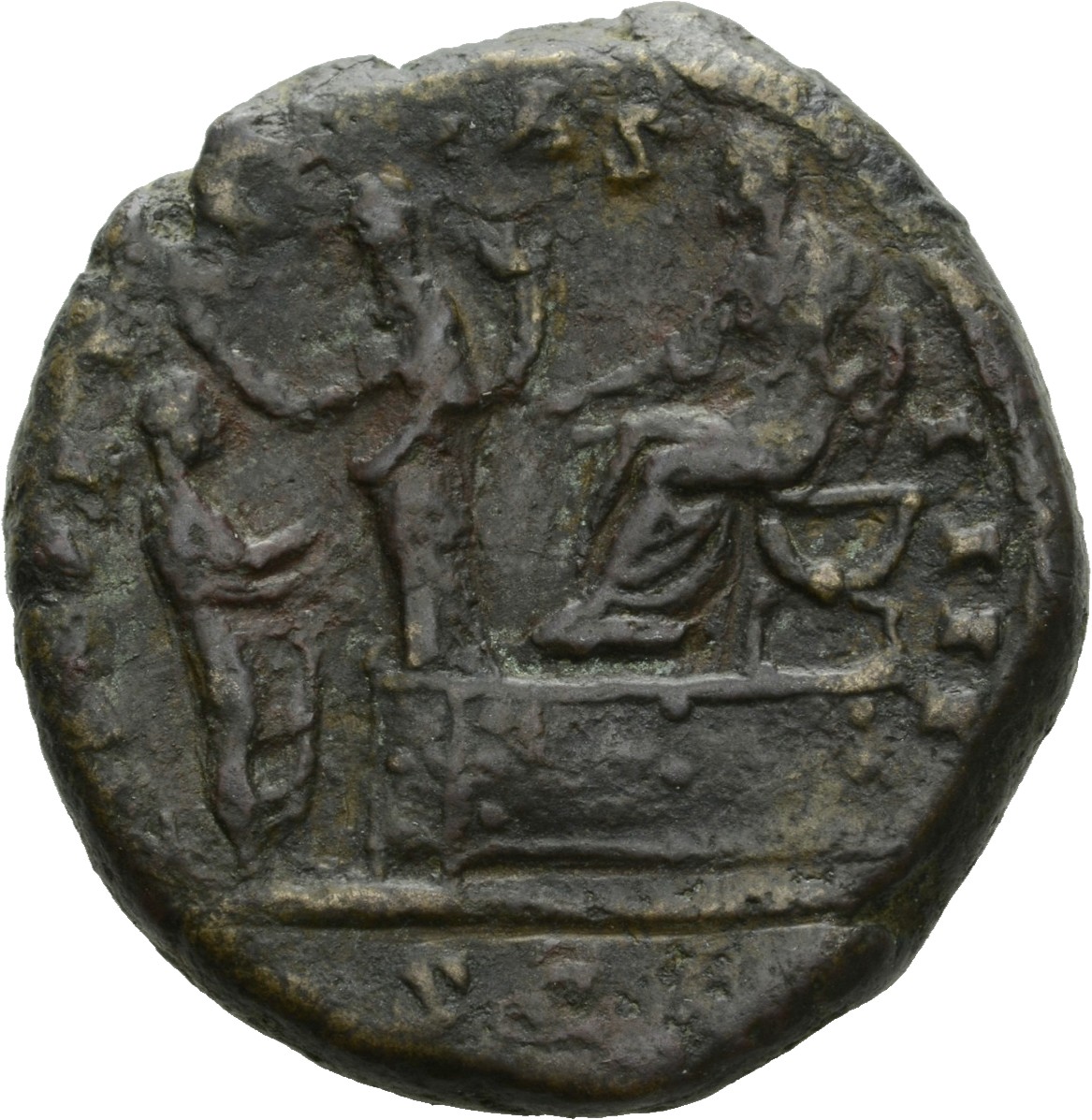 RIC III Antoninus Pius 821 Antoninus Pius reverse, Antoninus Pius, seated left on platform on right; in front Liberalitias...