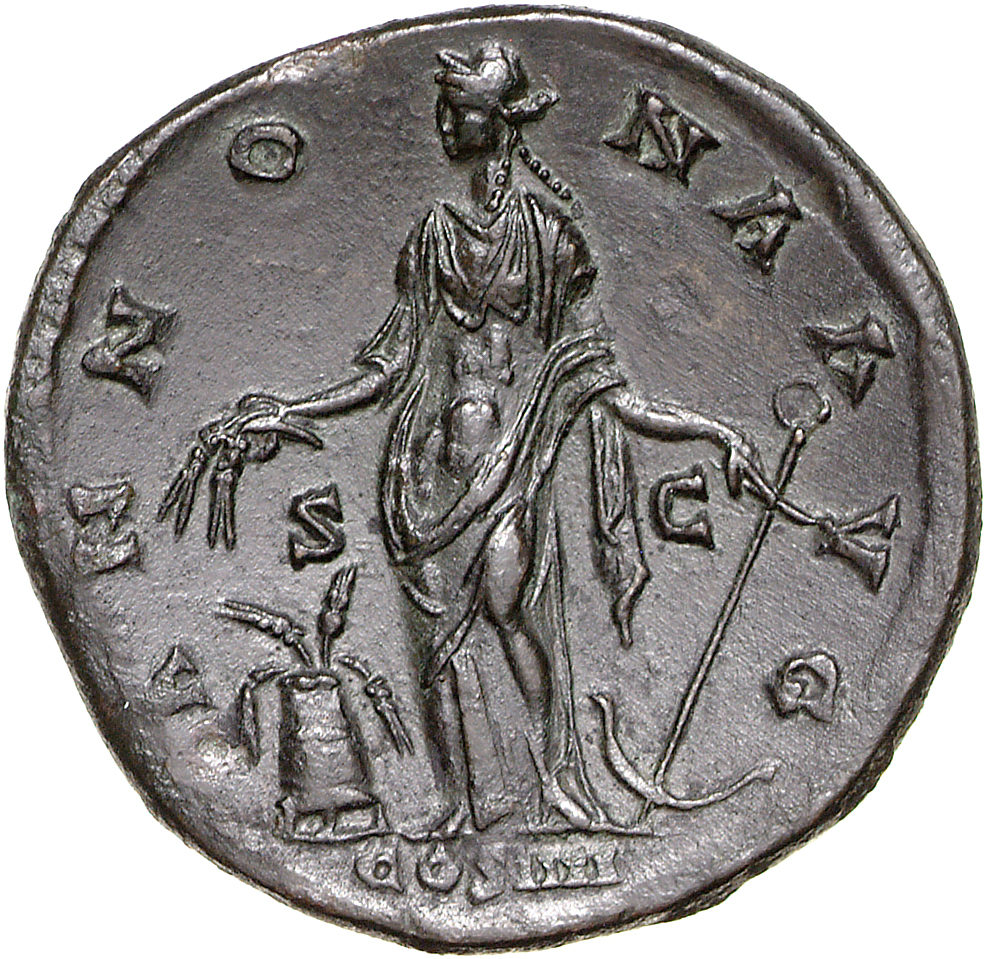 RIC III Antoninus Pius 840 Antoninus Pius reverse, Annona standing left, holding grain stalks over modius with grain stalk...