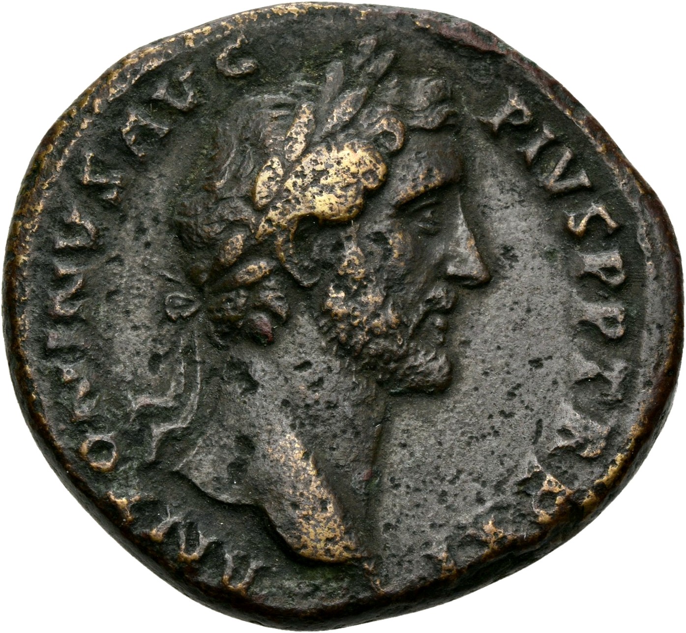 RIC III Antoninus Pius 844 Antoninus Pius obverse, Head of Antoninus Pius, laureate, sometimes draped on left shoulder, right