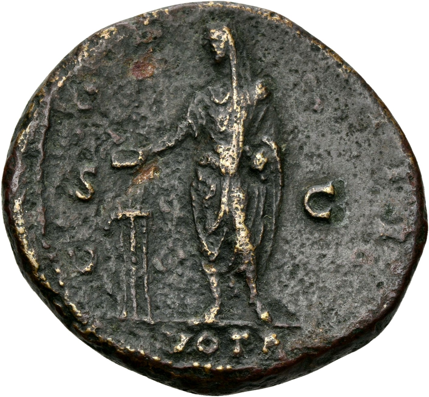 RIC III Antoninus Pius 844 Antoninus Pius reverse, Antoninus Pius, standing left, sacrificing with patera over tripod, lef...