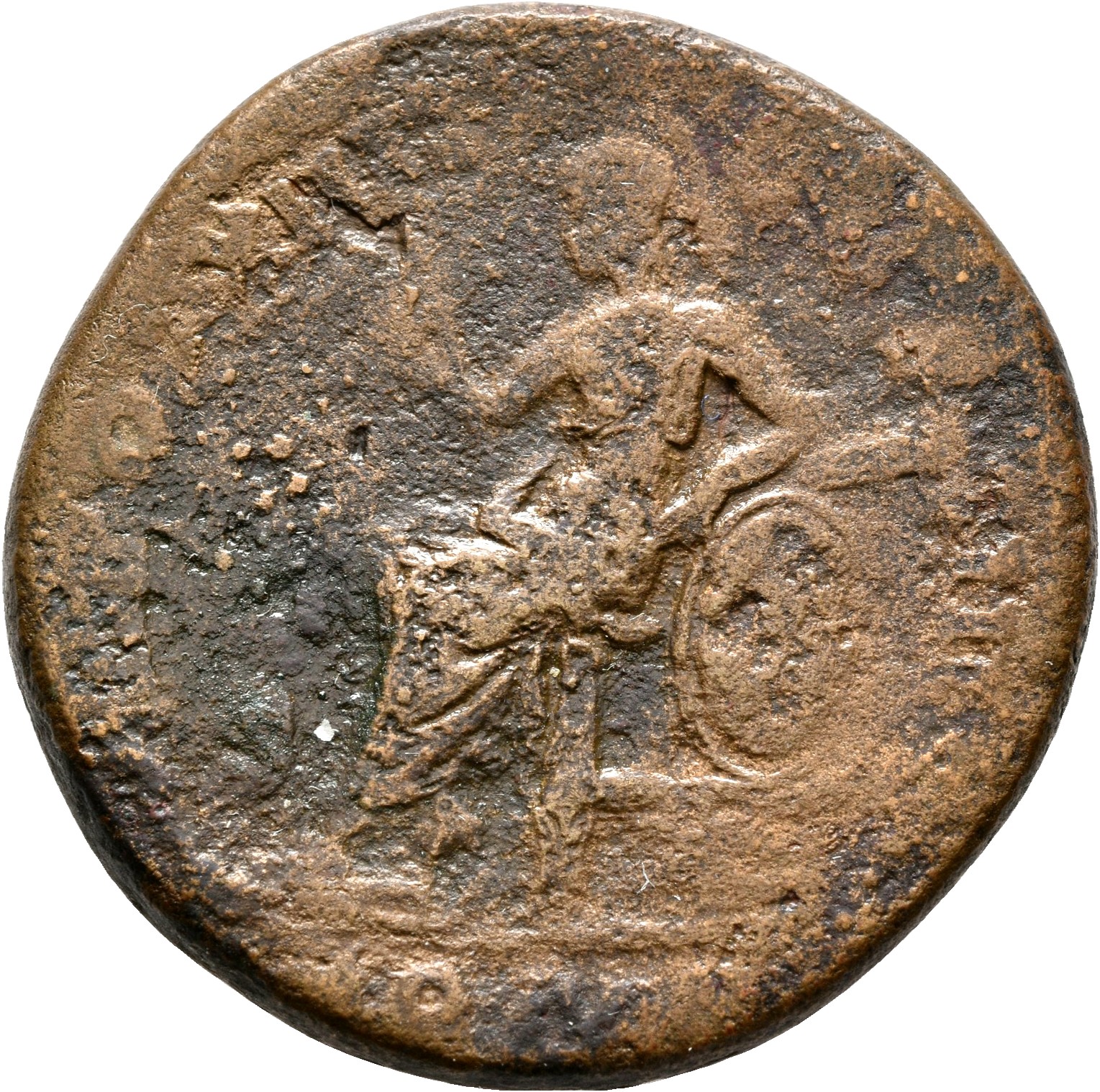 RIC III Antoninus Pius 874 Antoninus Pius reverse, Roma, helmeted, draped, seated left on low seat, holding spear in right...