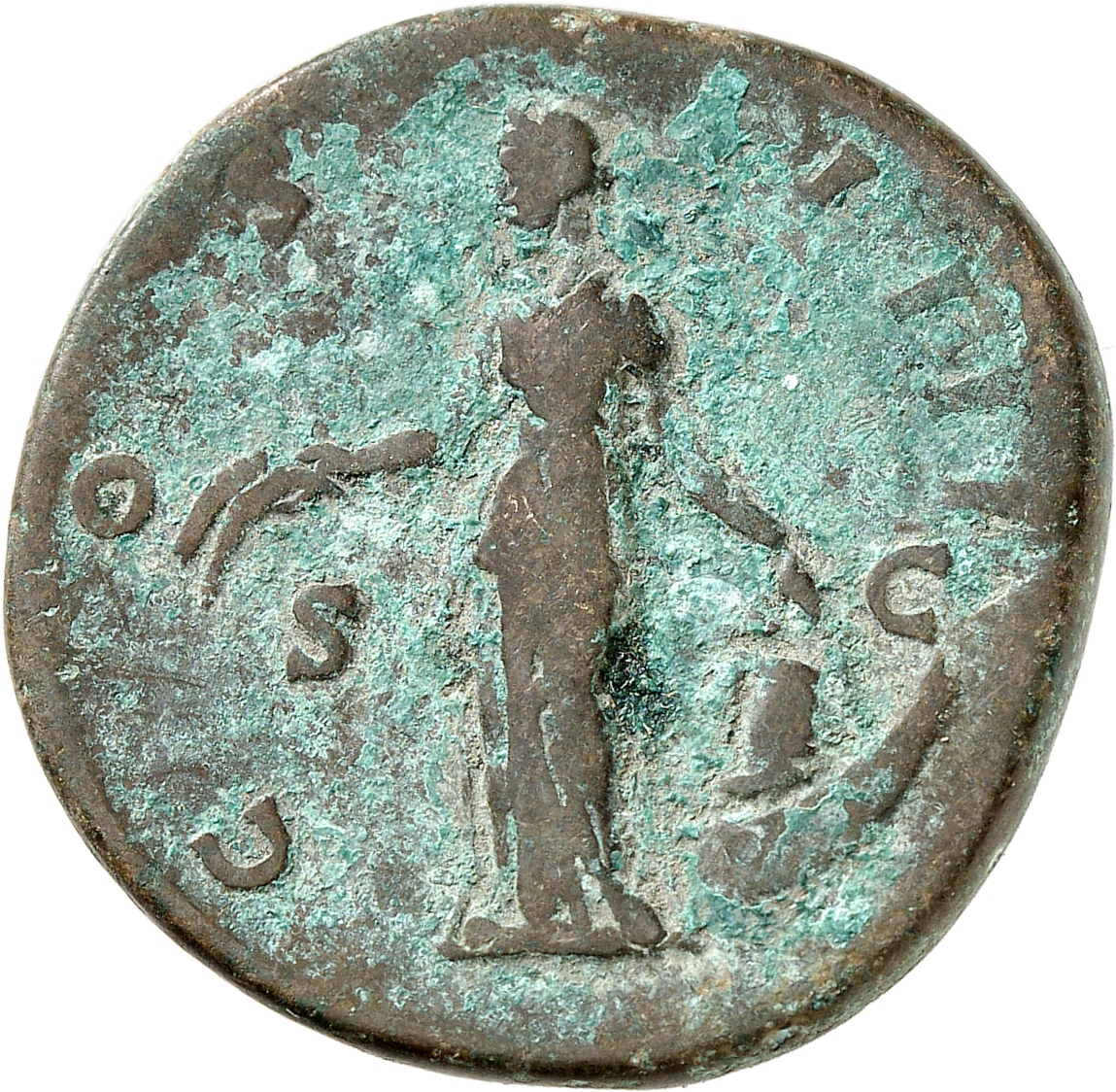 RIC III Antoninus Pius 884 Antoninus Pius reverse, Annona, standing left, holding corn-ears in right hand and placing left...