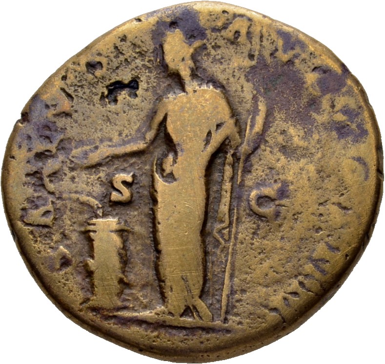 RIC III Antoninus Pius 894 Antoninus Pius reverse, Salus, draped, standing left, feeding out of patera in right hand snake...