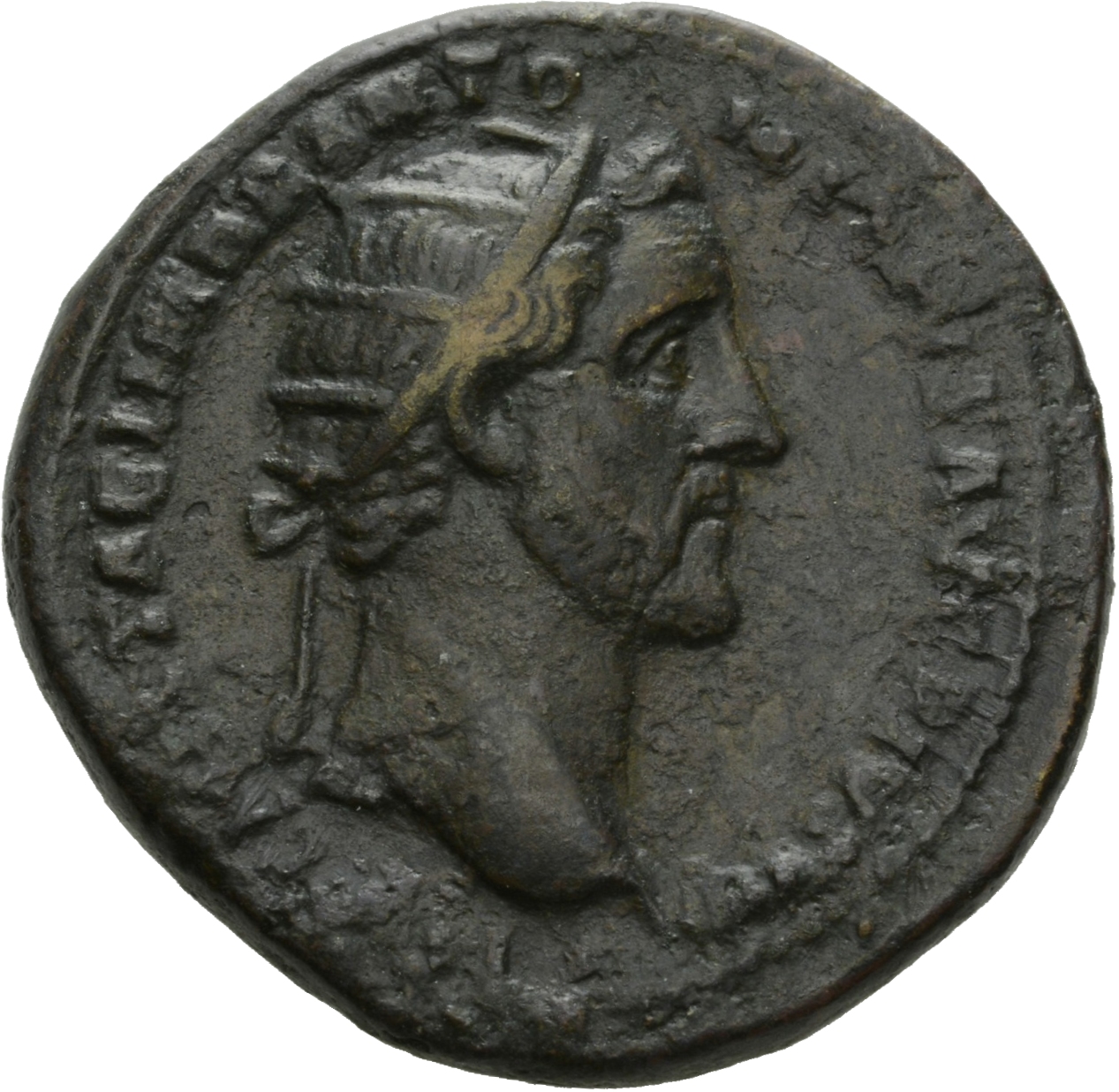 Antoninus Pius obverse — Head of Antoninus Pius, radiate, right