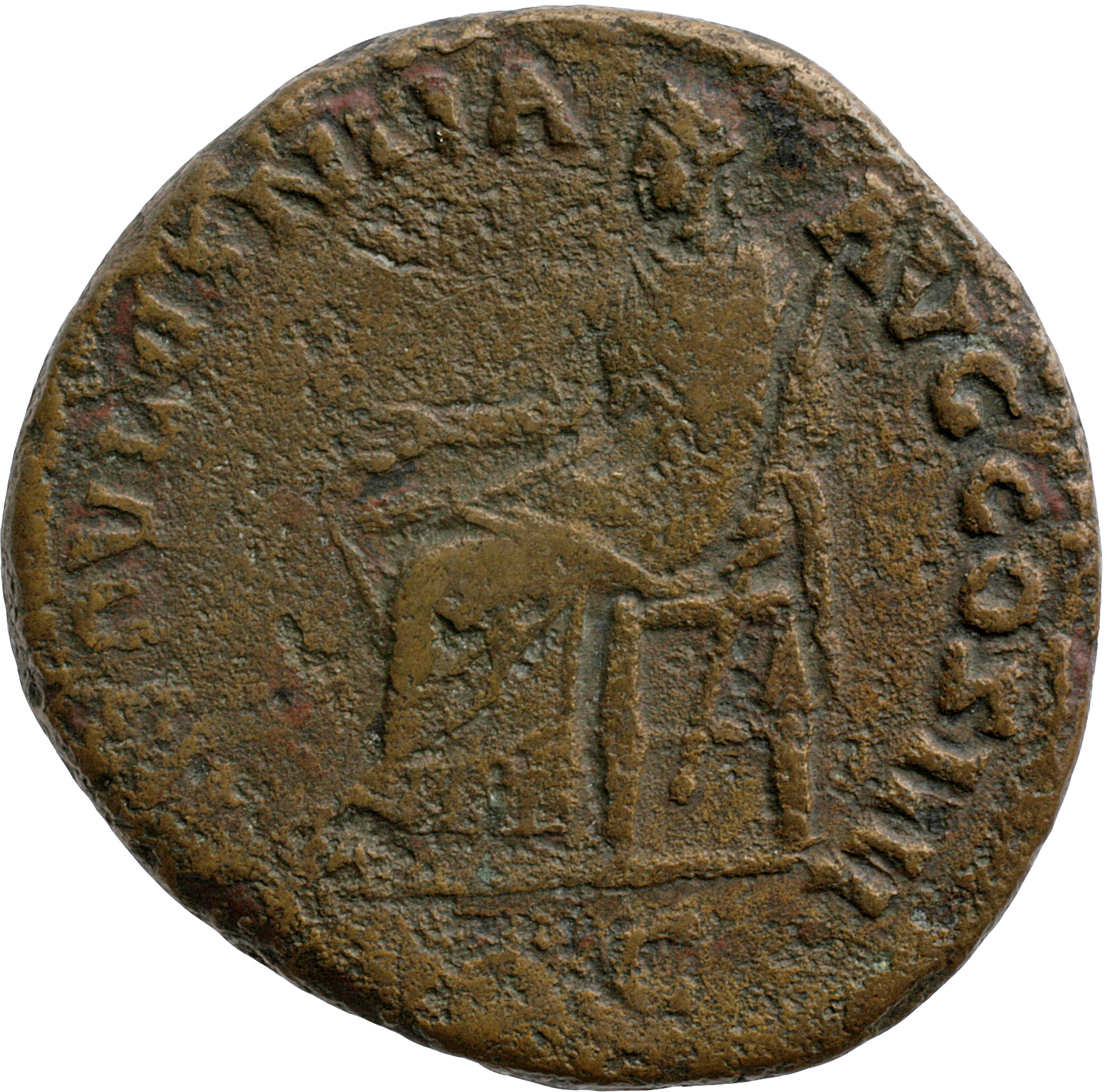 RIC III Antoninus Pius 904 Antoninus Pius reverse, Indulgentia, draped, seated left, extending right hand and holding tran...