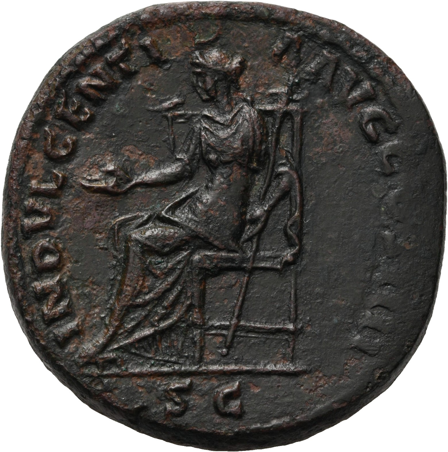 RIC III Antoninus Pius 904 Antoninus Pius reverse, Indulgentia, draped, seated left, extending right hand and holding tran...