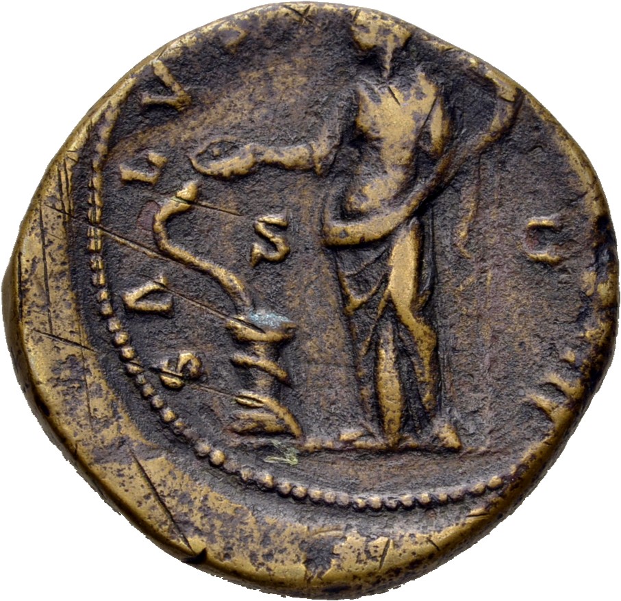 RIC III Antoninus Pius 906 Antoninus Pius reverse, Salus, draped, standing left, feeding out of patera in right hand snake...