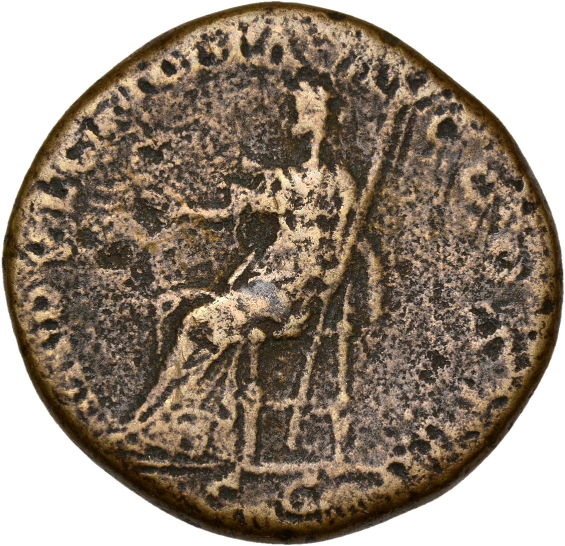 RIC III Antoninus Pius 907 Antoninus Pius reverse, Indulgentia, draped, seated left, extending right hand and holding tran...