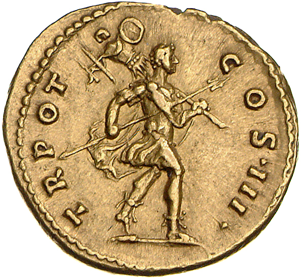 Antoninus Pius reverse — Romulus, bare-headed, advancing right, holding spear and trophy