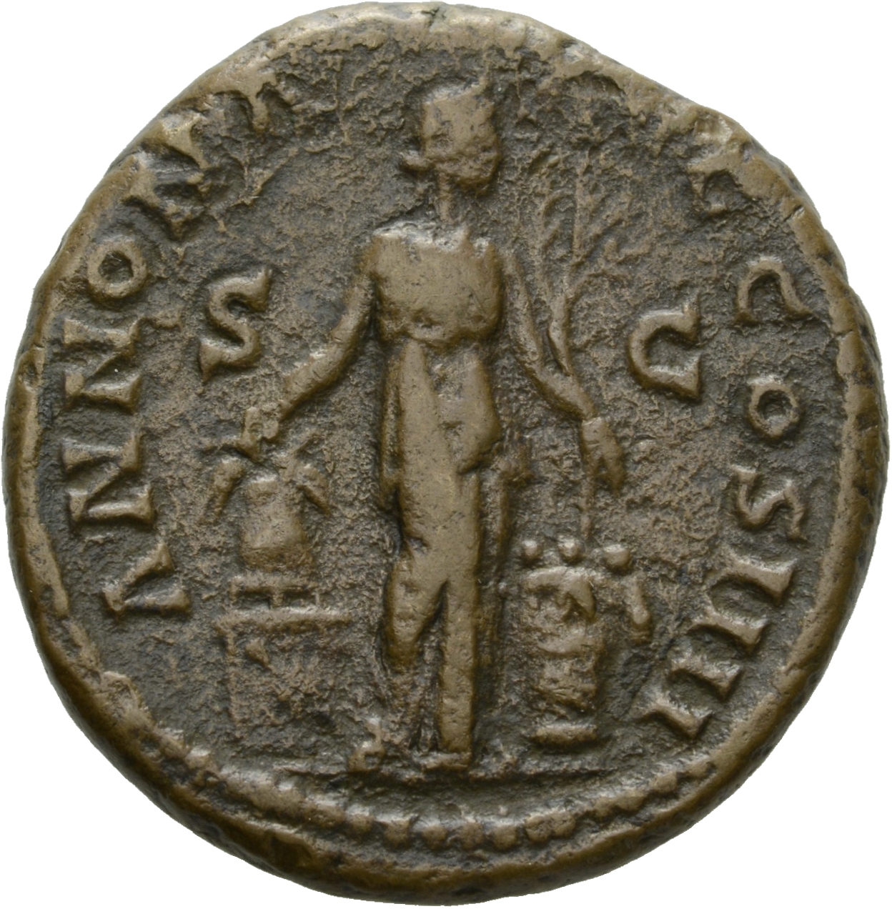 RIC III Antoninus Pius 910 Antoninus Pius reverse, Annona, standing left, holding modius on cippus and branch; to right, a...